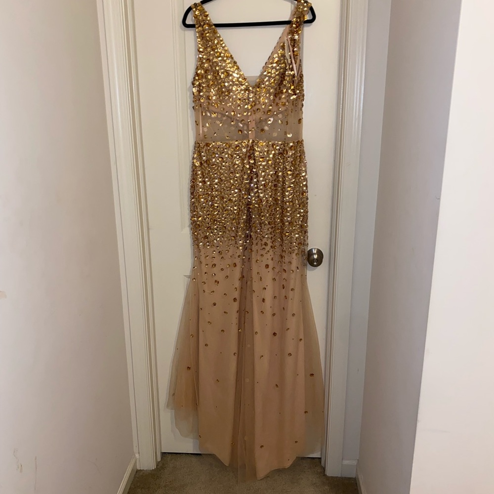 V Neck gold sequin prom dress